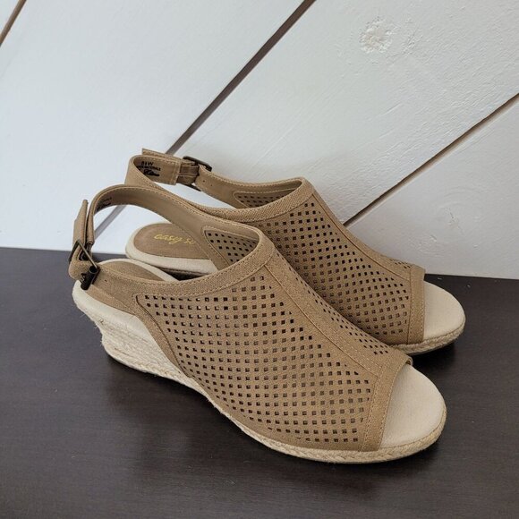 NEW Easy Street Womens Tan Linen Stacy Super Flex Wedge Slingback Sandals 8.5 - Picture 1 of 9